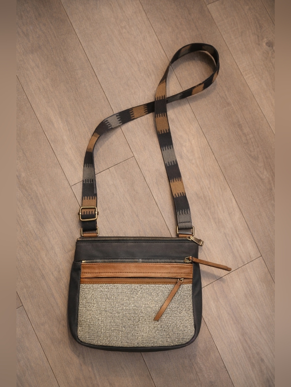 Fossil Crossbody Bag Brown Leather Woven Front